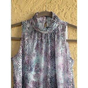Jennifer Lopez NWOT Purple Dot Sheer Lined XS High Neck Flowy Airy Woman Blouse